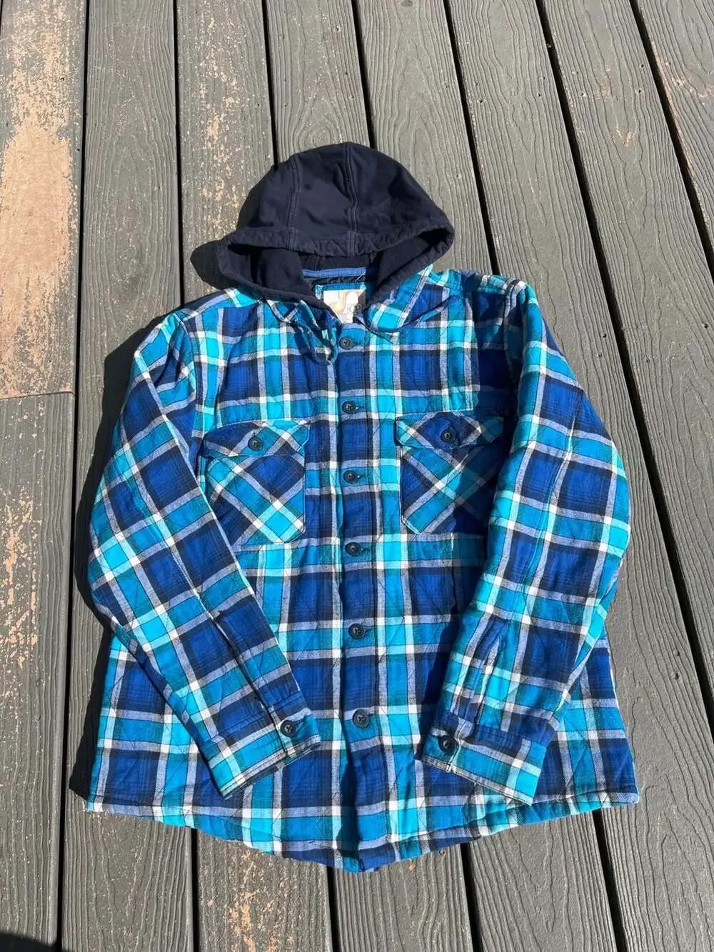 OP Ocean Pacific Men's Quilted Lined Plaid Flannel Shirt Jacket with Hood